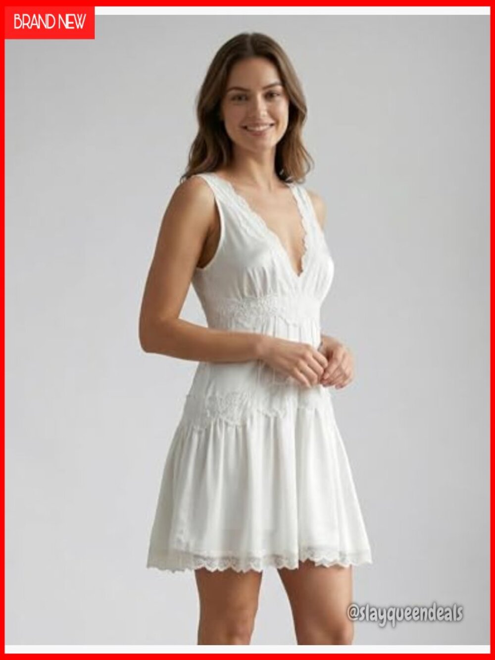 V Neck Lace Mini Slip Dress with Ruffle Hem Babydoll Y2K Boho Flowy Summer Dress - Picture 4 of 7